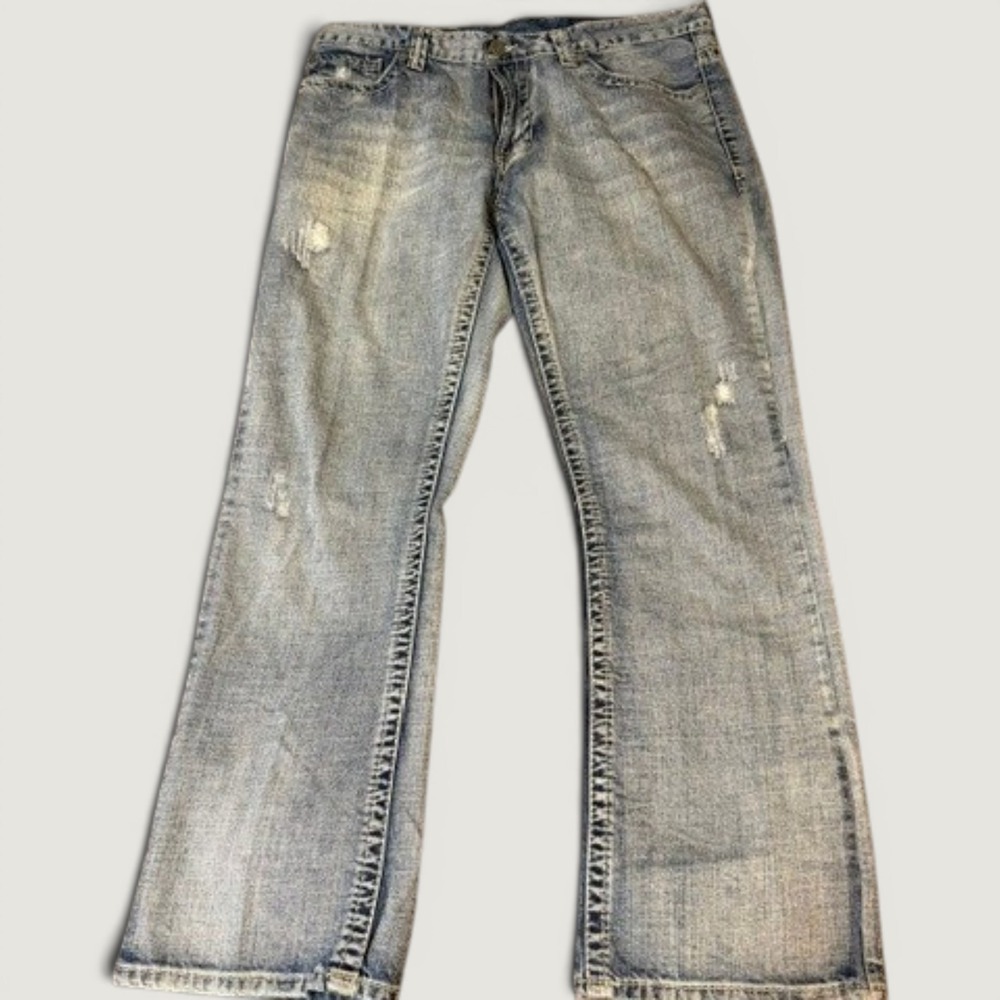 Axel Wolcott Vintage Bootcut Jeans Mens 36x32 Light Wash Distressed Denim